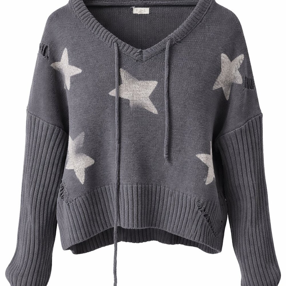 POL Star Distressed Knit Hoodie Sweater Gray Size S Boho Cozy Lounge Pullover